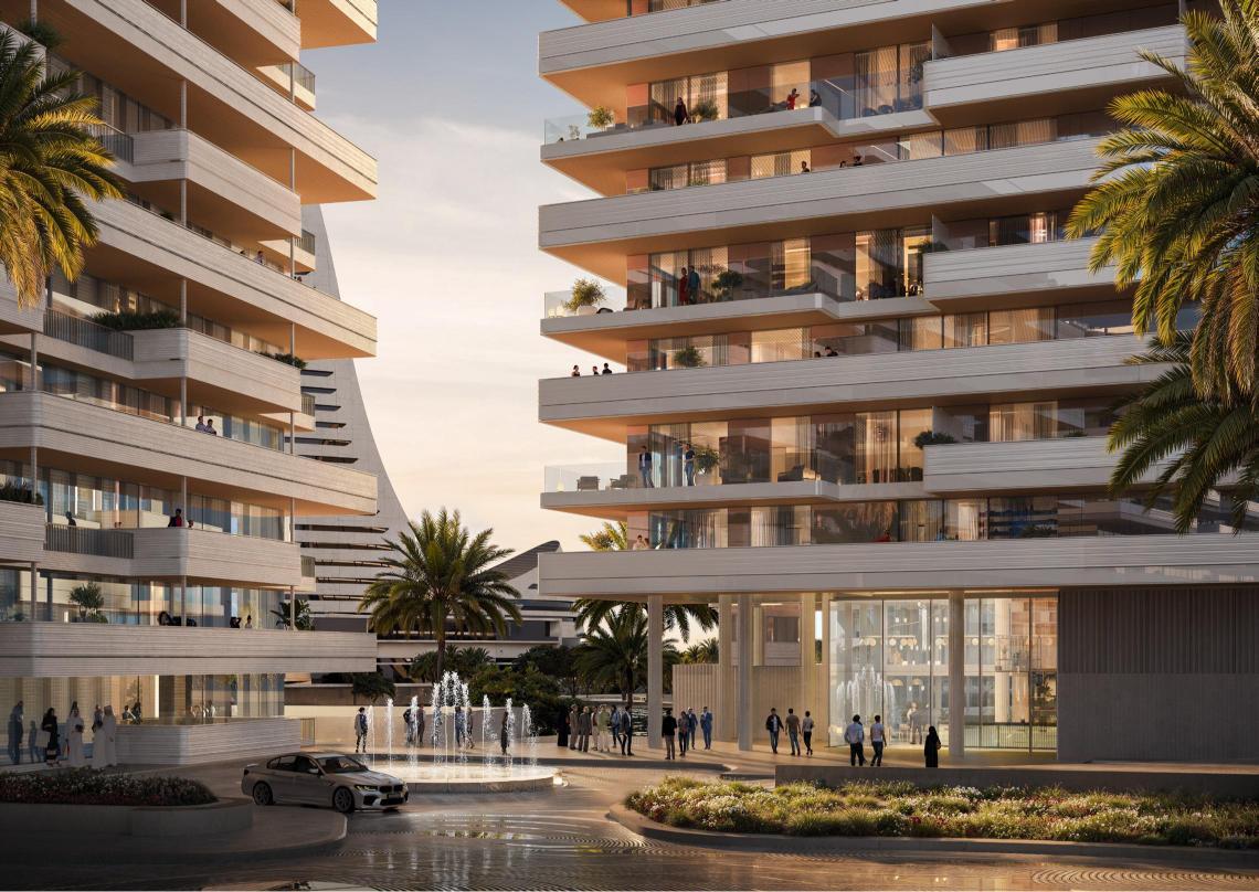 Juman Al Raha Beach waterfront residences with modern architecture and serene coastal views in Abu Dhabi